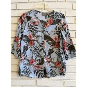 Denim & Co. Naturals Printed Linen Blend Button Front Top Tropical Size XXS
